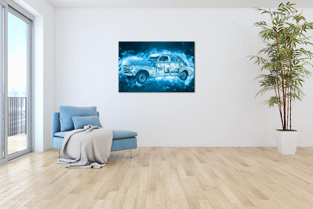 deyoli alter verrosteter Oldtimer Format 100x70 Effekt: Monocrome Blau als Leinwandbild, Motiv ferti