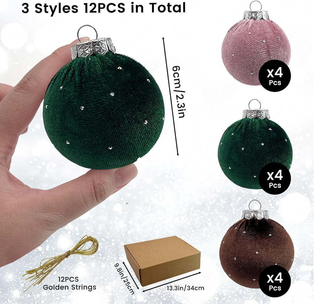 SNAIL GARDEN 12 Stück Glitzer-Samt-Weihnachtskugeln mit Goldenen Schnüren, 6cm Weihnachtsbaum-Dekora