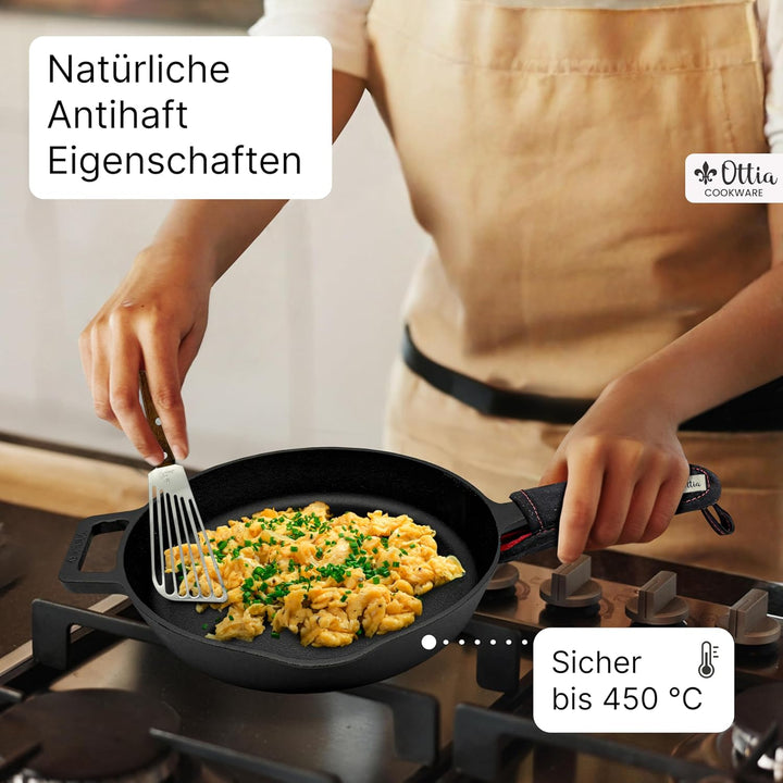Ottia reine Gusseisenpfanne Induktion 24cm (ungeschliffen), mit eKochbuch, Pfannenwender, waschbarem