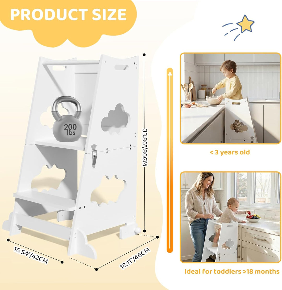 KIDINIX Lernturm ab 1 Jahr, 3 in 1 Montessori Learning Tower mit Sicherheitsgeländer und Tafel, Klap