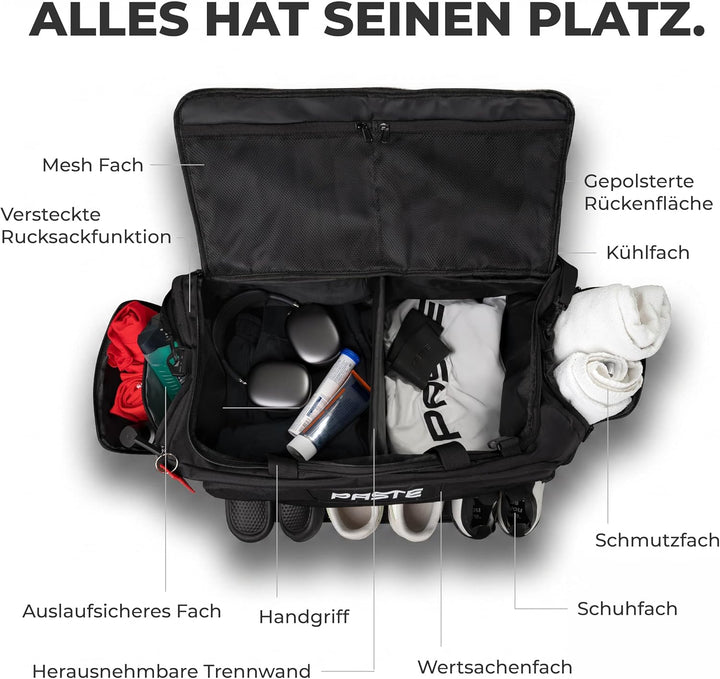 PASTE® - Premium Sporttasche 63L mit Rucksackfunktion und Kühlfunktion, Schuhfach & Nassfach Schwarz