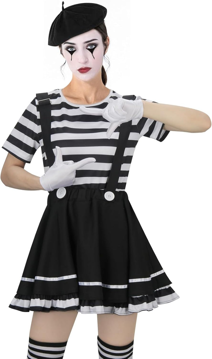 NUWIND Damen Pantomime Kostüm Französisch Klassisch Mime Spiel Set, schwarz-weiss gestreiftes Oberte
