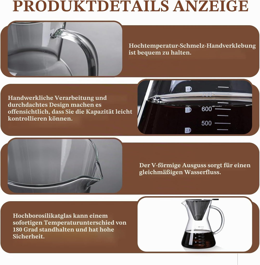 Pour Over Kaffeebereiter, 800 ml Borosilikat Glaskanne mit doppelschichtigem Edelstahlfilter, Kaffee