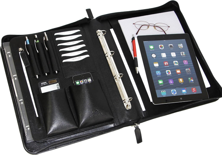 ALMADIH Leder A4 Aktenmappe mit Reissverschluss, Tragegriff und Ringmechanik Premium Rindsleder SCH