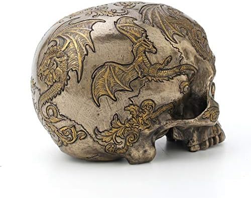 Veronese Design Distel fliegender Drache mit Totenkopf, kaltgegossenes Kunstharz, Bronze-Finish, 14