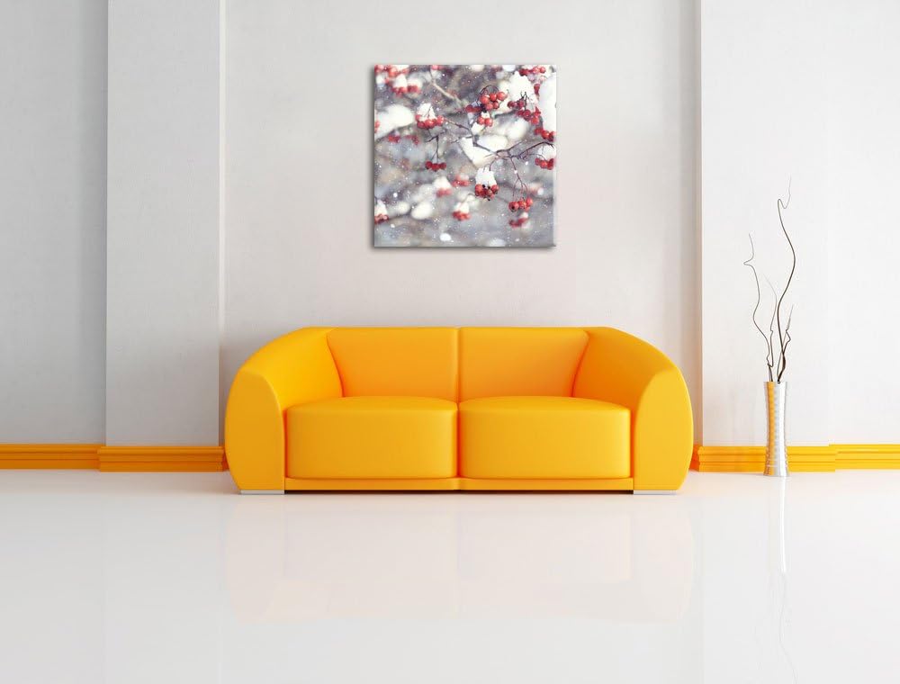 Pixxprint Vogelbeeren mit Schnee bedeckt, Format: 70x70 auf Leinwand, 70x70