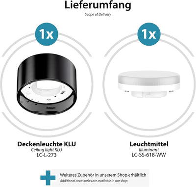 ledscom.de Porzellan Aufbauleuchte KLU rund schwarz 91mm Ø + LED Lampe warmweiss 3-Stufen Dimmen je