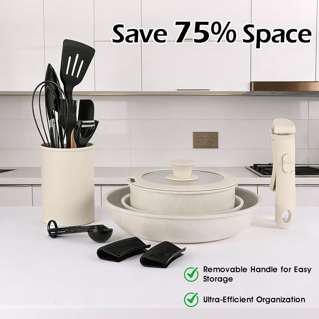 19-Piece Cream White Ceramic Cookware Set with Removable Handles – Non-Stick Frying Pan & Induction