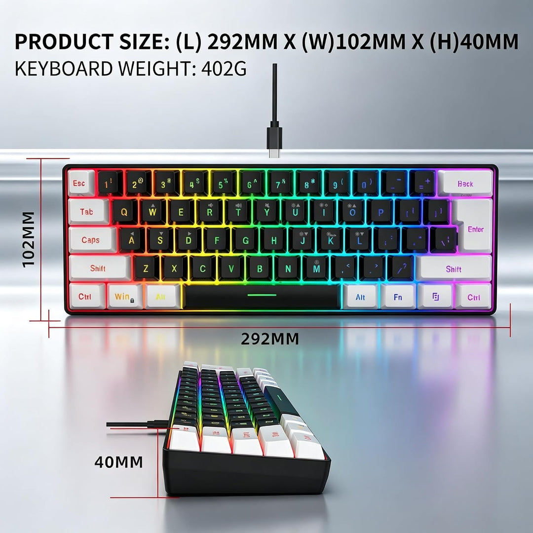 Snpurdiri 60% Percent Gaming Tastatur, Ergonomische Kleine Mini Gaming Tastatur, Silent Compact RGB