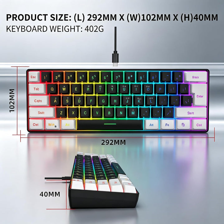 Snpurdiri 60% Percent Gaming Tastatur, Ergonomische Kleine Mini Gaming Tastatur, Silent Compact RGB