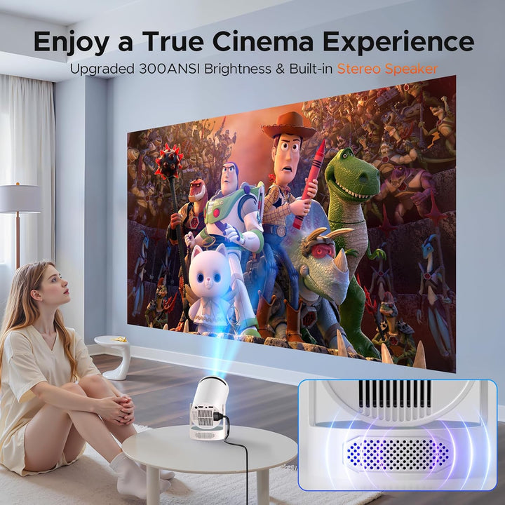 Mini Beamer mit Lautsprecher, Tragbarer Projector unterstützen 1080P 4K, Auto Keystone WiFi 6 Smart