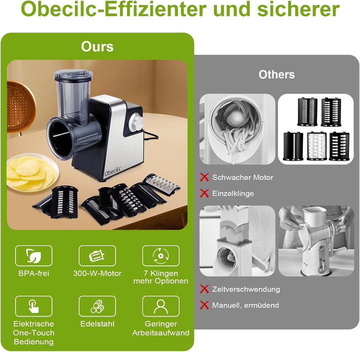 Elektrischer Gemüseschneider mit 7 Spiralscheider zum Schneiden Raspeln und Zerkleinern Käse Obst un