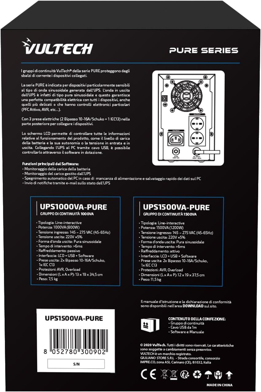 Vultech UPS1500VA-PURE Pure Line Interactive mit Sinuswelle, Schwarz, Tower, USV Serie Pure 1500 VA