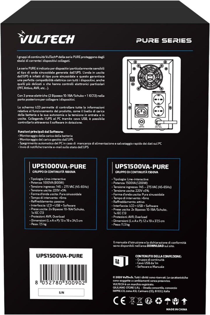Vultech UPS1500VA-PURE Pure Line Interactive mit Sinuswelle, Schwarz, Tower, USV Serie Pure 1500 VA