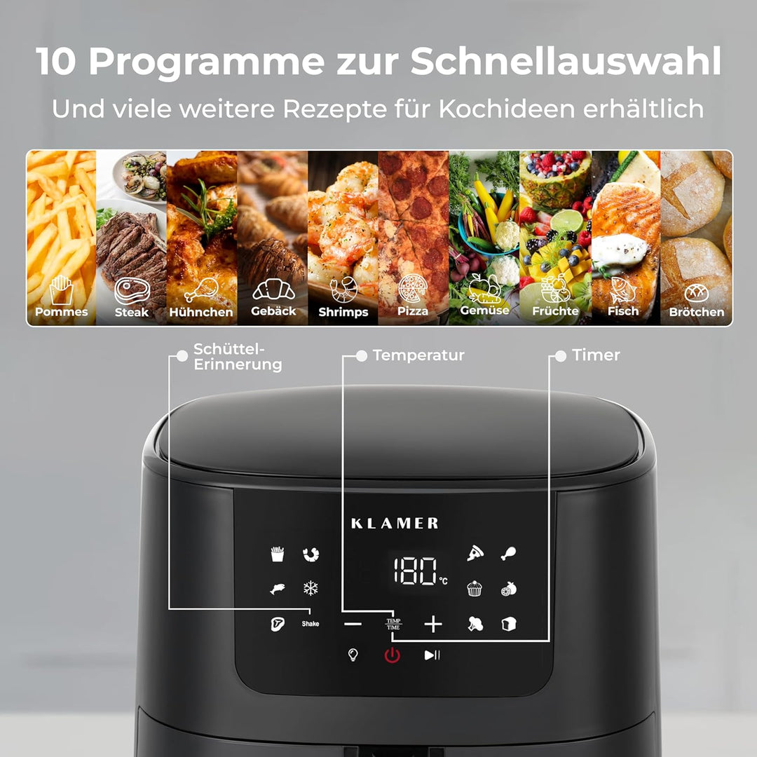 KLAMER Heissluftfritteuse 5l XL, Heissluftfritteuse mit Sichtfenster & Schüttel-Erinnerung, Ölfreier
