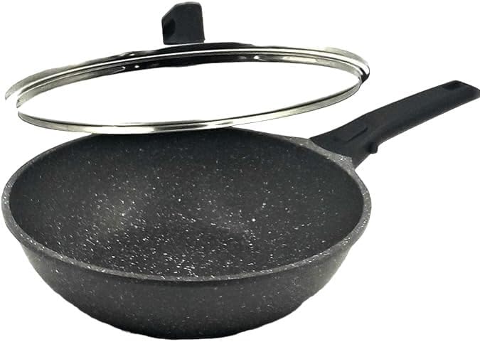 Wok-Pfannen in Steinoptik mit Deckel, hochwertig, antihaftbeschichtet, für alle Herdarten geeignet,