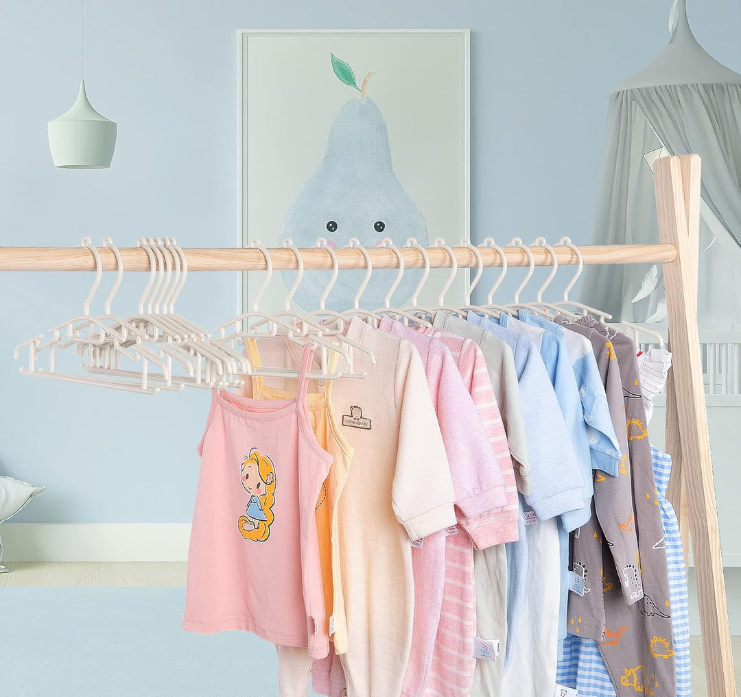 ilauke Kinder Kleiderbügel, 60 Stück 30cm Babykleiderbügel mit Hosensteg und 5 Kleiderbügelketten, K