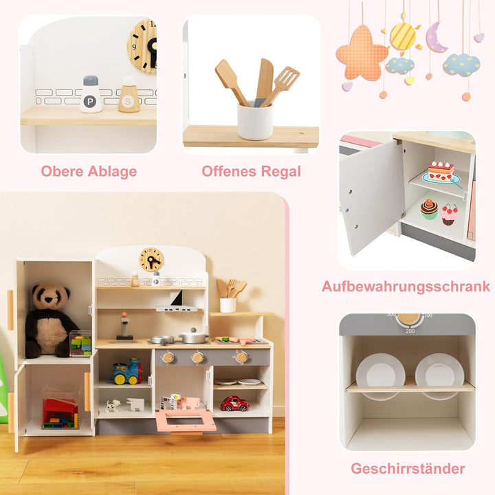 COSTWAY Kinderküche Holz, Spielküche mit Dustabzughaube, Kühlschrank, Wasserhahn & Küchenutensilien,