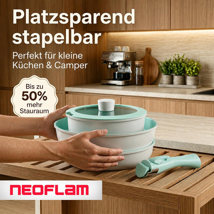 NEOFLAM® - Midas Plus Topf- und Pfannen-Set mit abnehmbarem Griff, 8-teilig, induktionsgeeignet, Ker