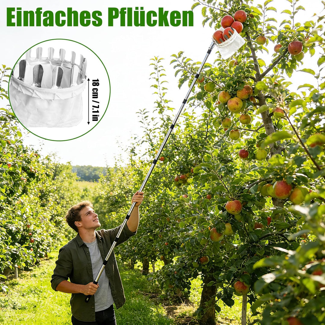 4,2M Obstpflücker mit Teleskopstiel, Apfelpflücker, Kirschenpflücker mit Leichter Edelstahl Teleskop