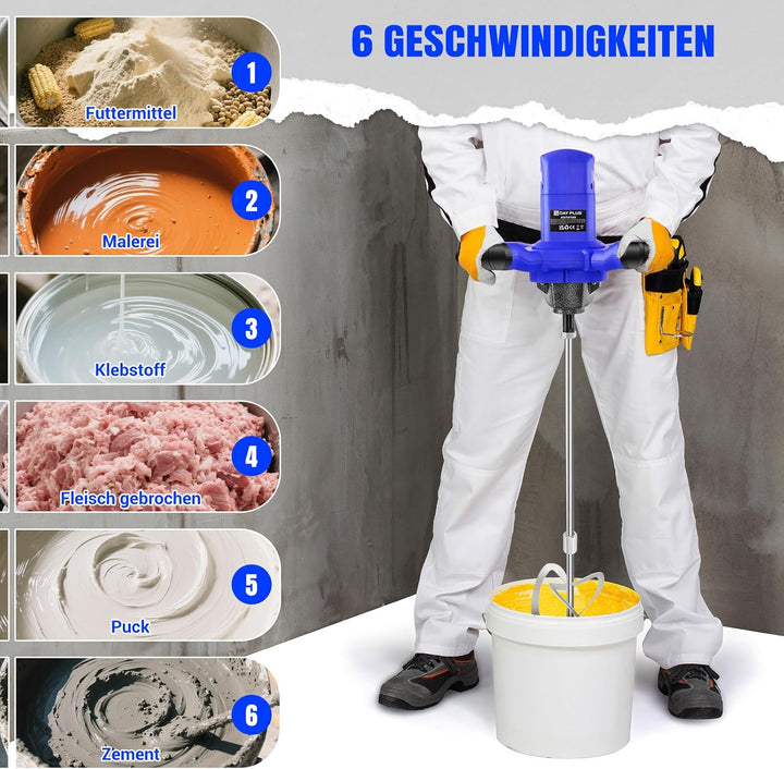 Akku Rührwerk Mörtelrührer, 21V Farbmörtelrührer mit 2x Akkus, 6 Geschwindigkeiten, M14 Rühreraufnah