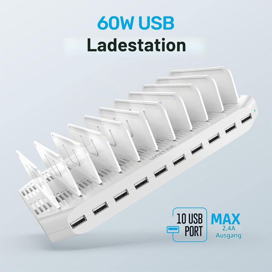 Unitek 60W Handy Ladestation Mehrfach 10 Ports, USB Ladestation für mehrere Geräte mit SmartIC Techn