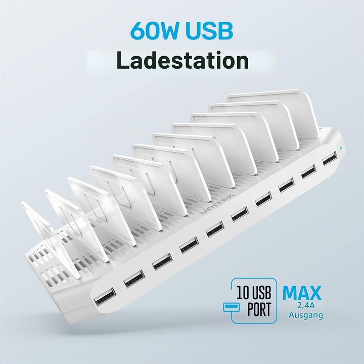 Unitek 60W Handy Ladestation Mehrfach 10 Ports, USB Ladestation für mehrere Geräte mit SmartIC Techn