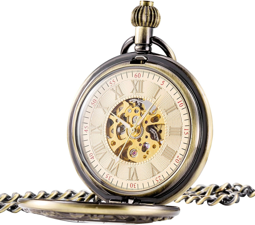 TREEWETO Unisex Taschenuhr mit Kette Analog Handaufzug Antik Skelett Römische Ziffern Bronze