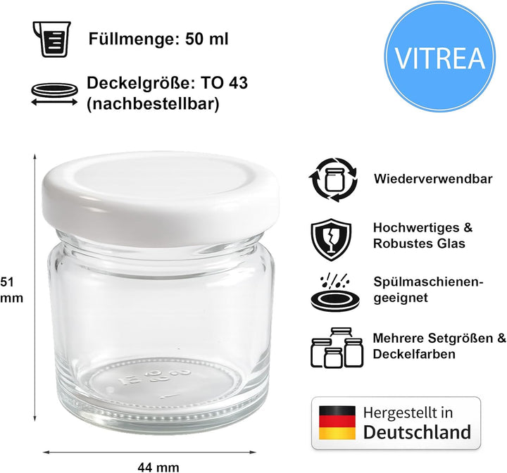 Vitrea 25x Mini Marmeladengläser 50 ml - mit Deckel Weiss TO 43 - kleine Einmachgläser zum befüllen