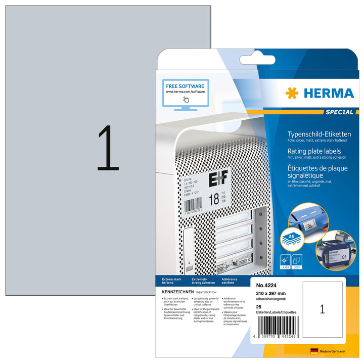HERMA 4224 Typenschild Folien-Etiketten silber, 25 Blatt, 210 x 297 mm, 1 Stück pro A4 Bogen, 25 Auf