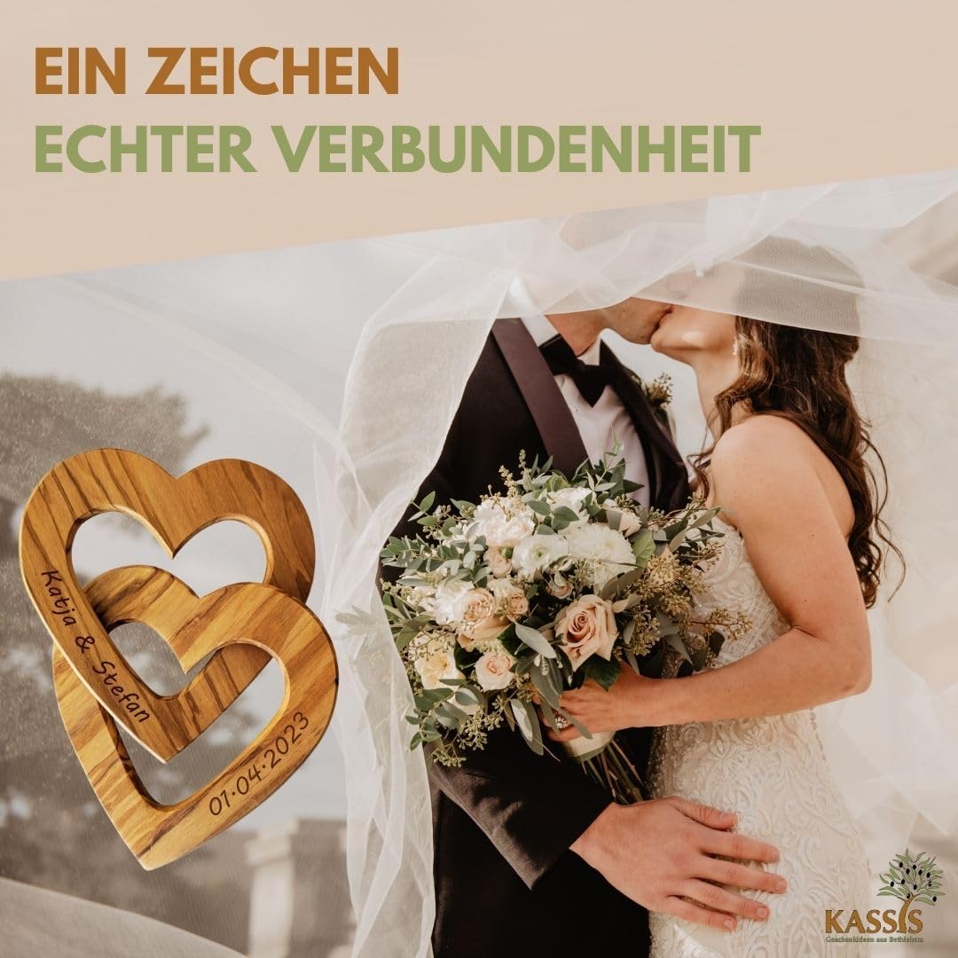 Kassis Geschenkartikel Personalisierte Olivenholz-Herzen für Brautpaar, zum Valentinstag, Jubiläum,