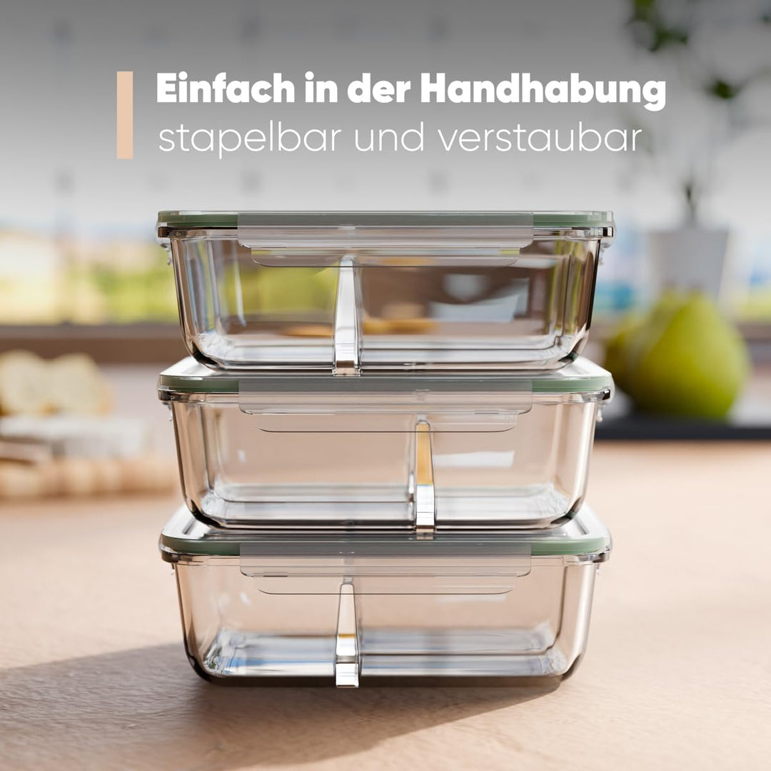 Meal Prep Boxen Glas mit Fächern | 3er Set | Glasbehälter mit Deckel | geeignet für Spülmaschine, Mi