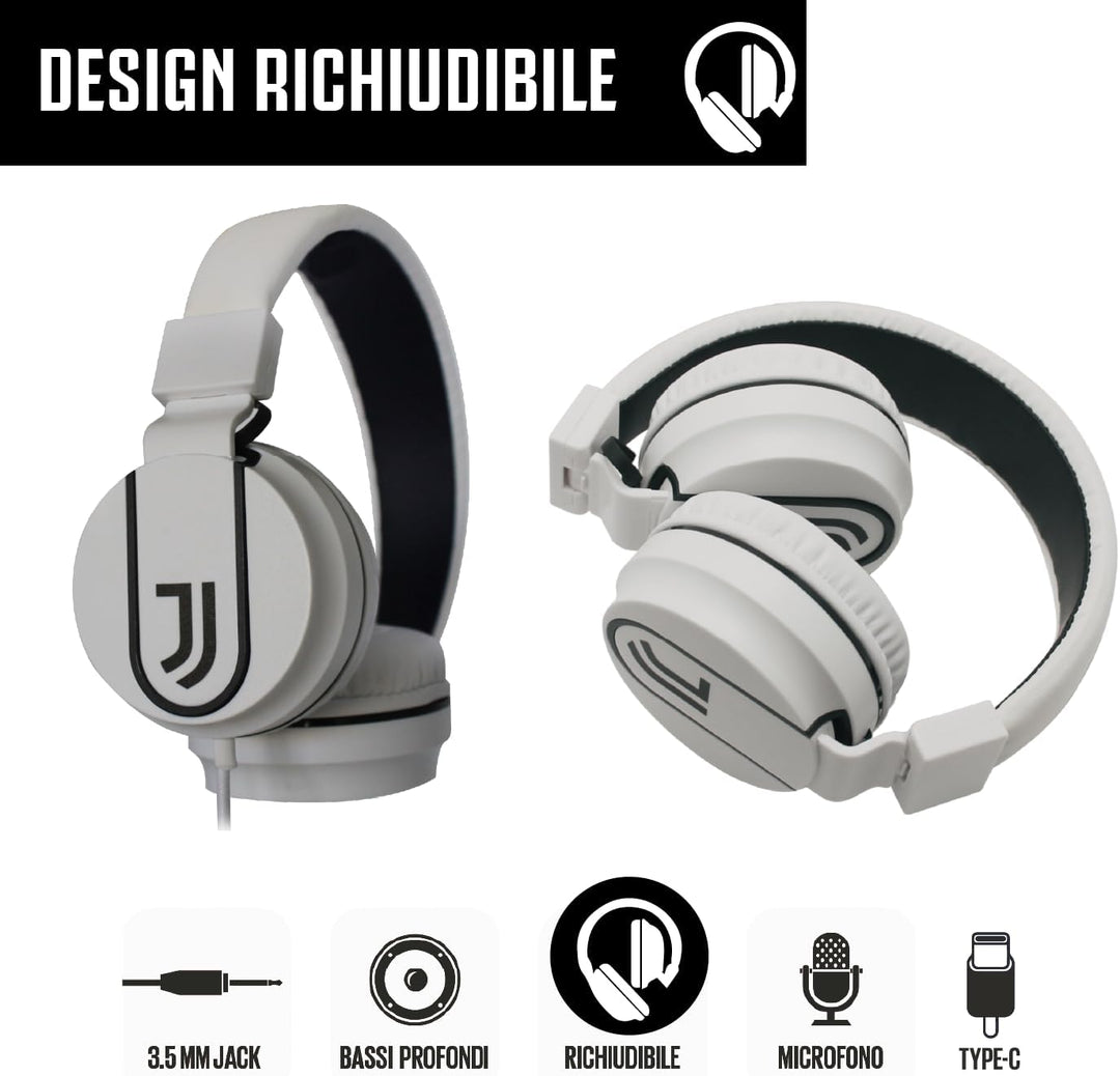 TECHMADE Juventus On-Ear-Kopfhörer mit Mikrofon und AUX-Kabel – zusammenklappbares Design Weiss/Schw