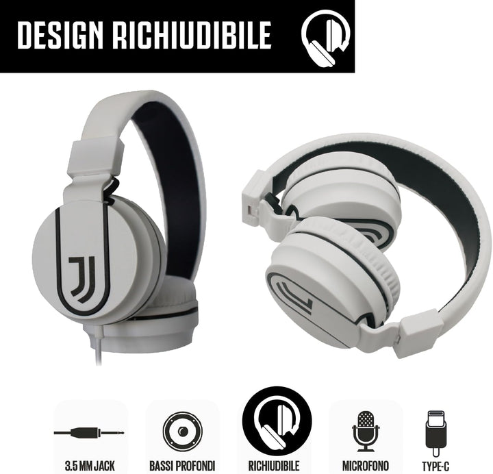 TECHMADE Juventus On-Ear-Kopfhörer mit Mikrofon und AUX-Kabel – zusammenklappbares Design Weiss/Schw
