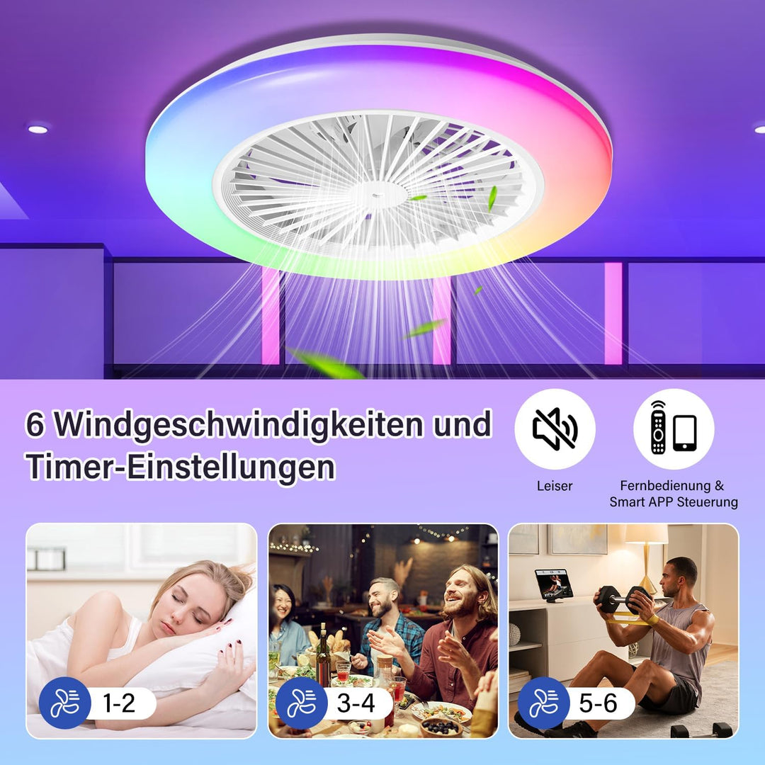 Fiqops 2x Deckenventilator mit Beleuchtung und Fernbedienung Ø49 cm, Smart RGB LED Deckenleuchte 3 F