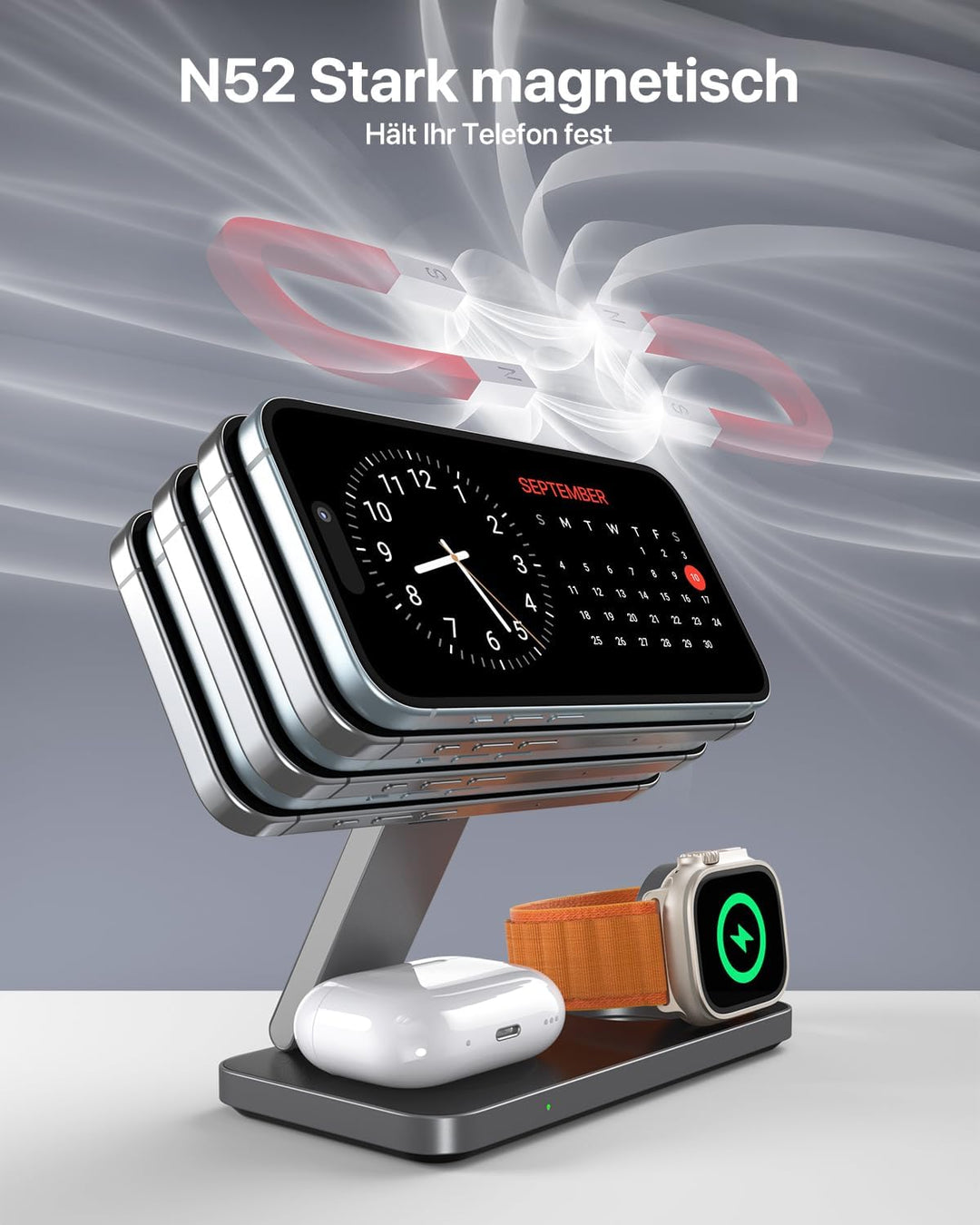 Induktive Ladestation Kompatibel mit Magsafe Ladegerät,QTlier 3 in 1 iPhone Ladestation für Air 17/1