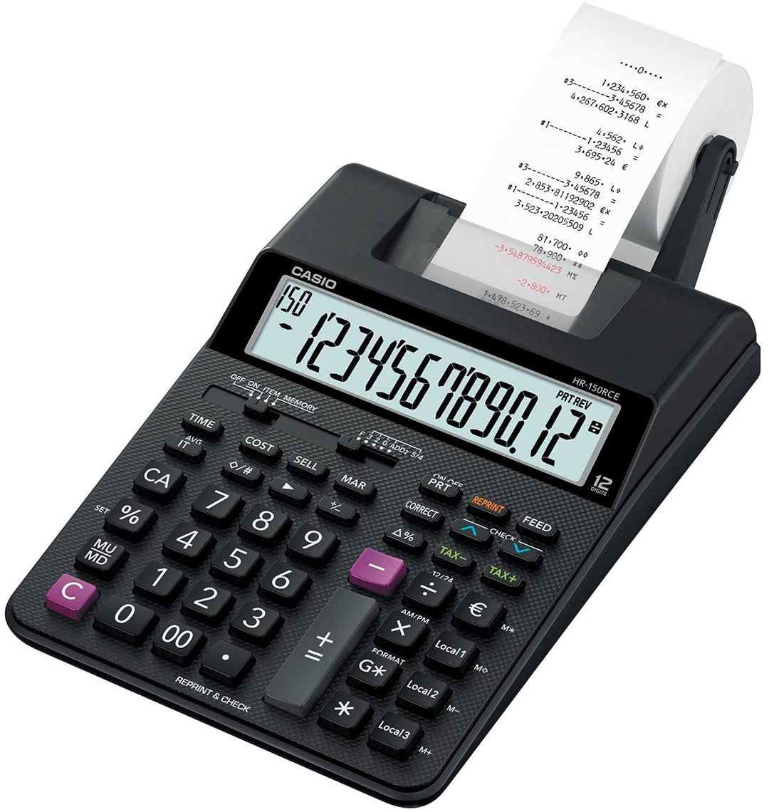 CASIO Druckender Tischrechner HR-150RCE, 12-stellig, 2-Farbdruck, Nachträglicher Druck, Gesamtsummen