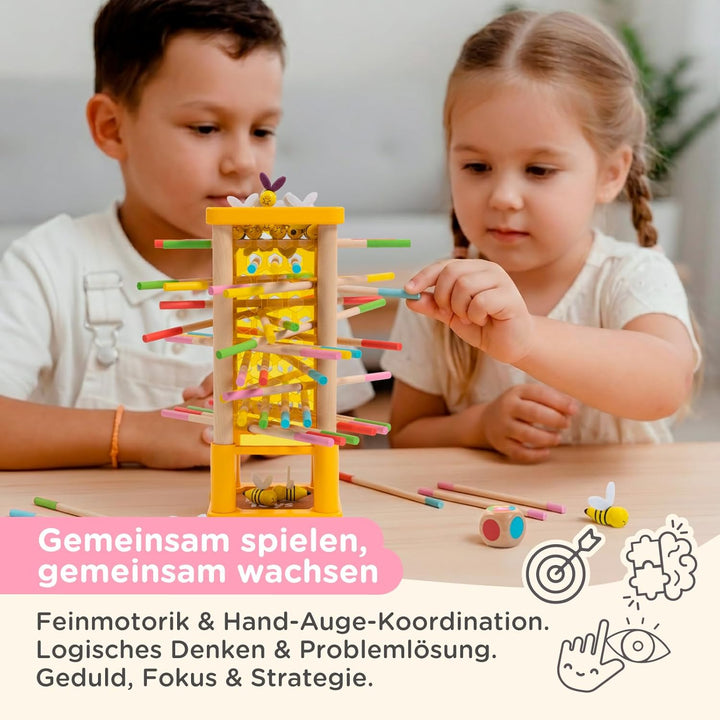 Nene Toys BEEFALL Bienen Geschicklichkeitsspiel für Kinder 3 4 5 6 Jahre – Holz-Turmspiel mit Würfel