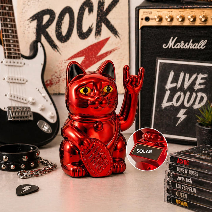 ANGRY CAT Mini Winkekatze Lucky CAT - SOLAR betriebe lustige winkende Rock-Katze mit Heavy-Metal-Zei