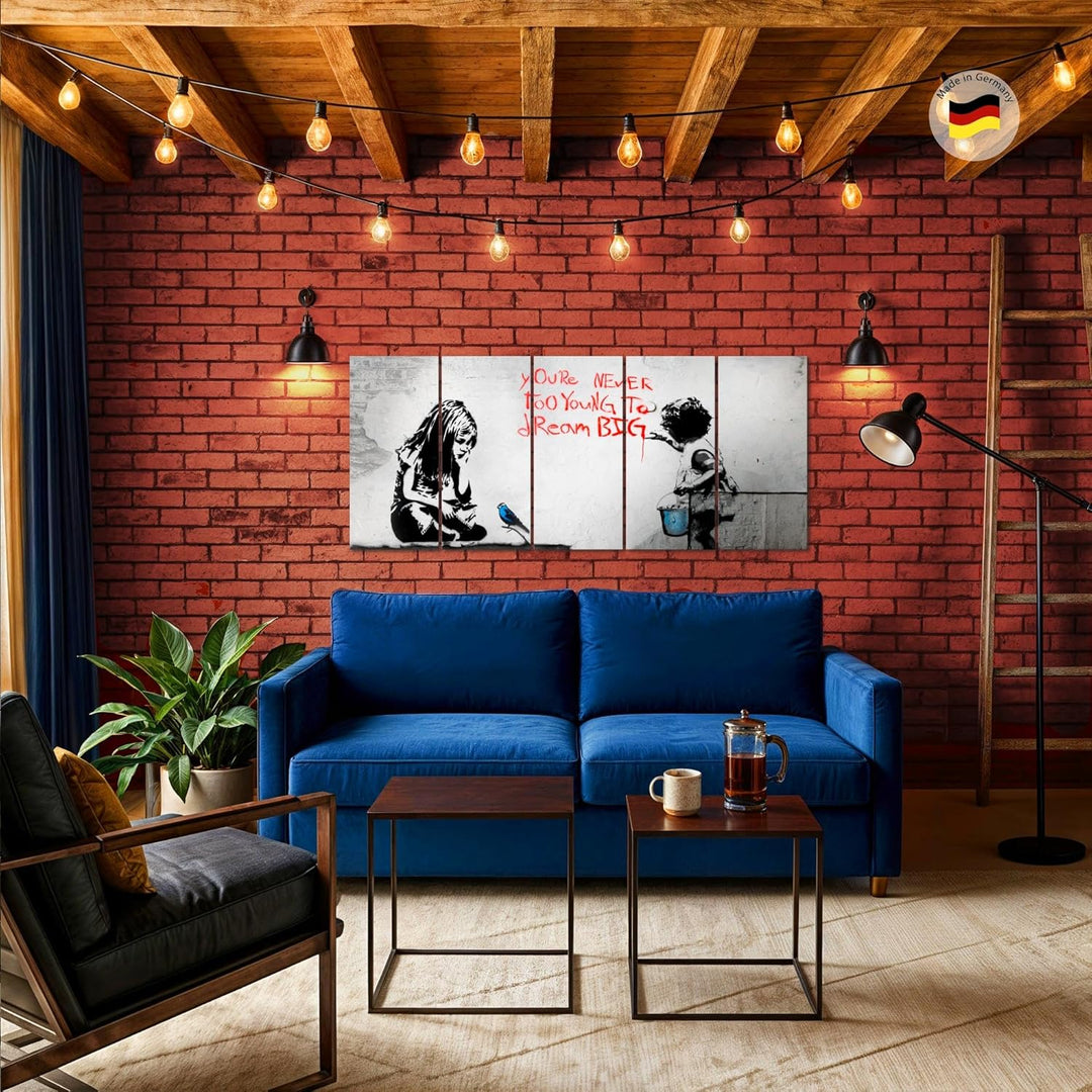 Runa Art Wandbild XXL Banksy Mädchen mit Vogel Loft Wohnzimmer 200 x 80 cm Grau Blau 5 Teilig - Made