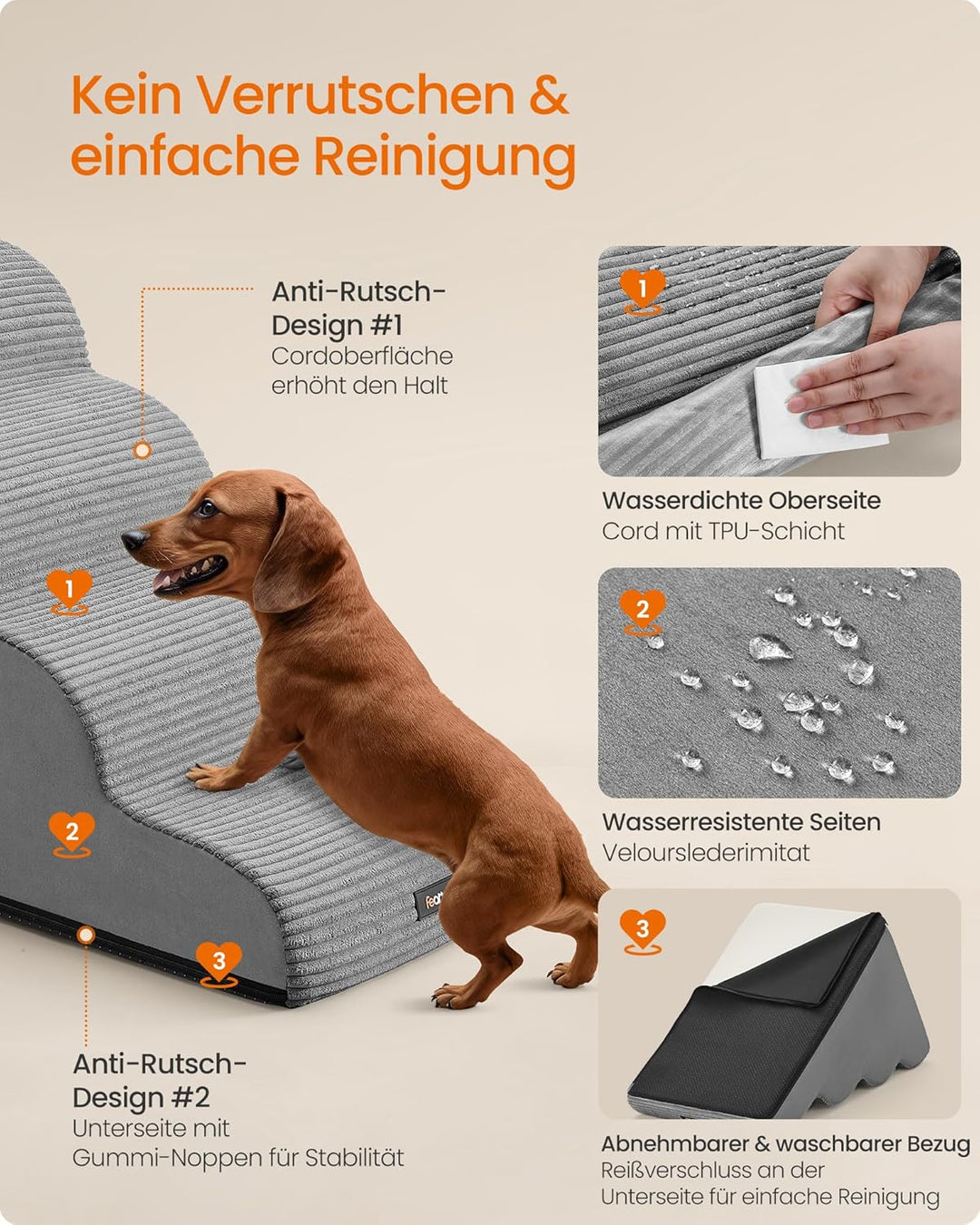 Feandrea Hundetreppe, 4 Stufen, Haustiertreppe, für kleine Hunde, Bett, Sofa, wasserdichte Katzentre