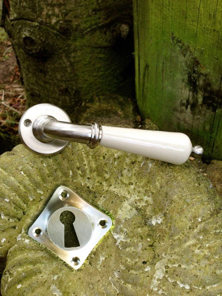 Antikas - Türklinken Nickel matt gebürstet mit Rauten-Rosetten und weisser Porzellangriff