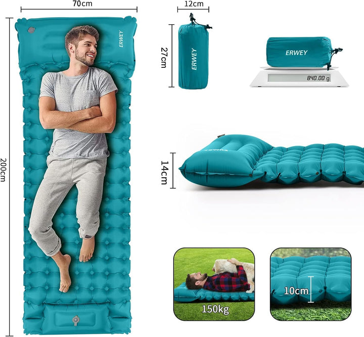ERWEY Camping Isomatte 200x70 cm Aufblasbare Luftmatratze mit Fusspumpe & Kissen Wasserdicht Isomatt