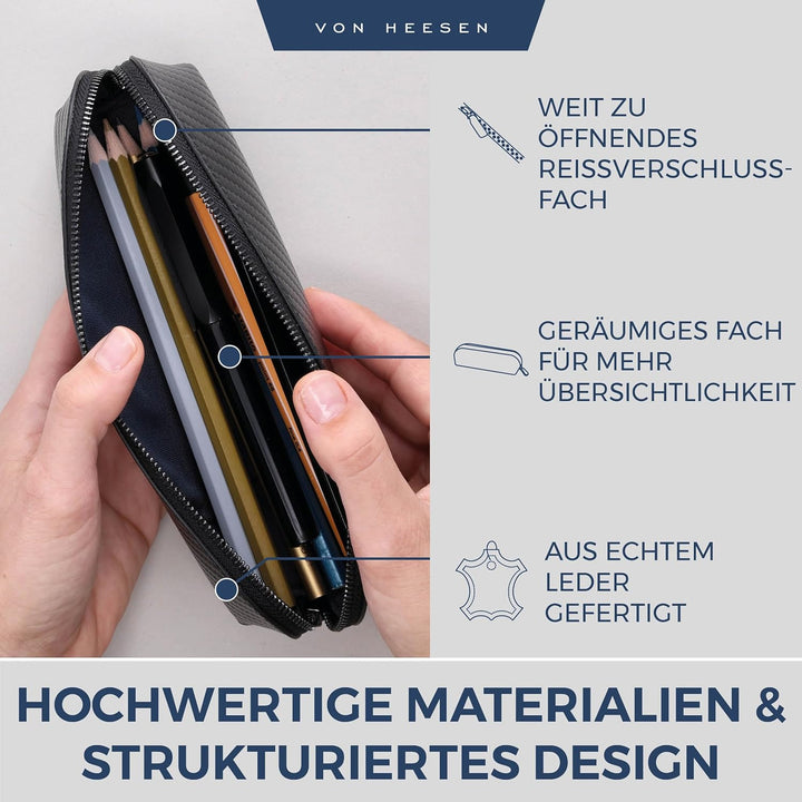 VON HEESEN® Echtleder Federmäppchen Leder Federmappe Etui für Stifte Mäppchen Schule Federtasche Uni