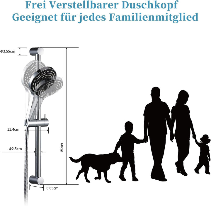 OFFO Brausestange Duschkopf mit 6 Strahlarte, 1,6 m Edelstahl Duschschlauch, verstellbarem 60cm Stei