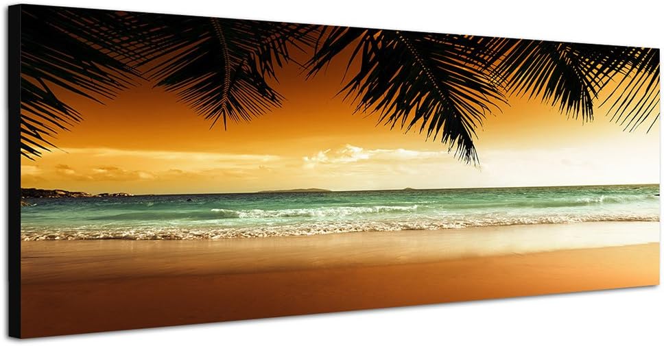 Panoramabild auf Leinwand und Keilrahmen 150x50cm Karibik Sandstrand Meer Palmen Abendsonne