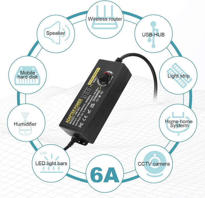 144W Universal Einstellbares Netzteil Adapter 100V-240V AC to DC 3V-24V 6A Konverter Netzteil,Einste