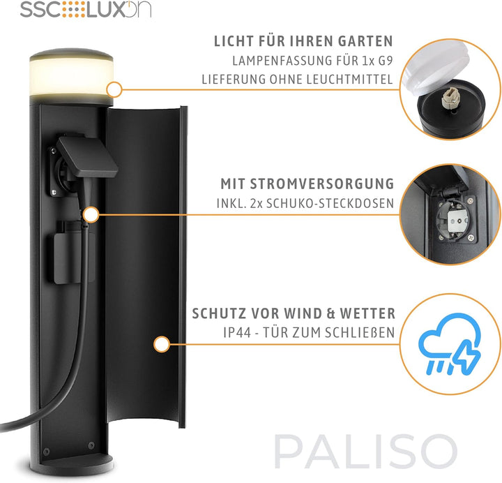 SSC-LUXon PALISO Design Lichtsäule Garten mit 2x Steckdosen für Aussen - Aussenstehlampe Pollerleuch