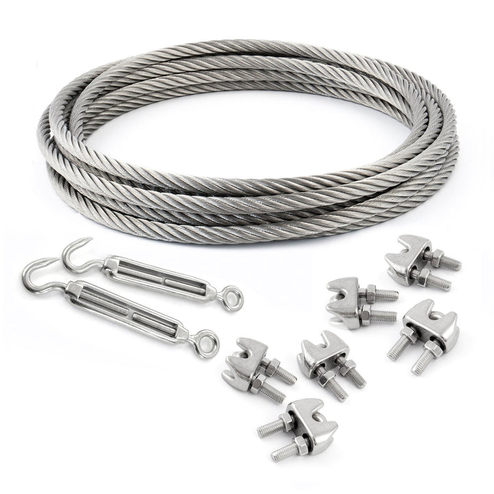 5m EDELSTAHLSEIL SET 6mm 7x19+6 x SEILKLEMMEN V4A+2 x SPANNSCHLOSS HAKEN - ÖSE Stahlseil Inox VA Sei