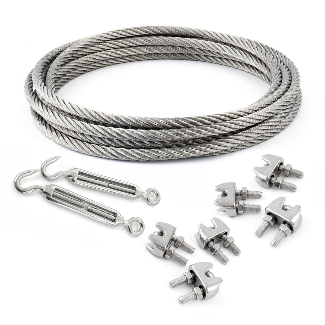 200m EDELSTAHLSEIL SET 2mm 7x7+6 x SEILKLEMMEN V4A+2 x SPANNSCHLOSS HAKEN - ÖSE Stahlseil Inox VA Se